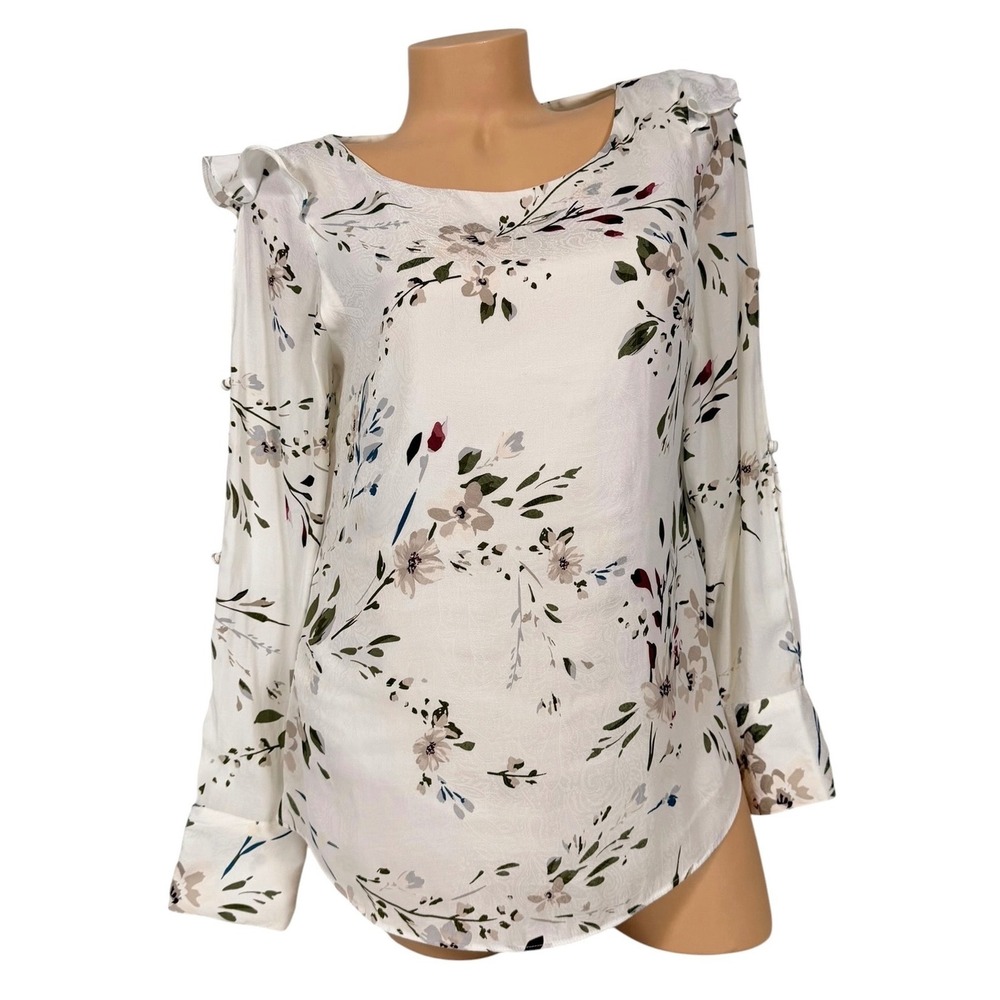 White House Black Market Women's Floral Ruffle Split Sleeve Blouse White Size 4